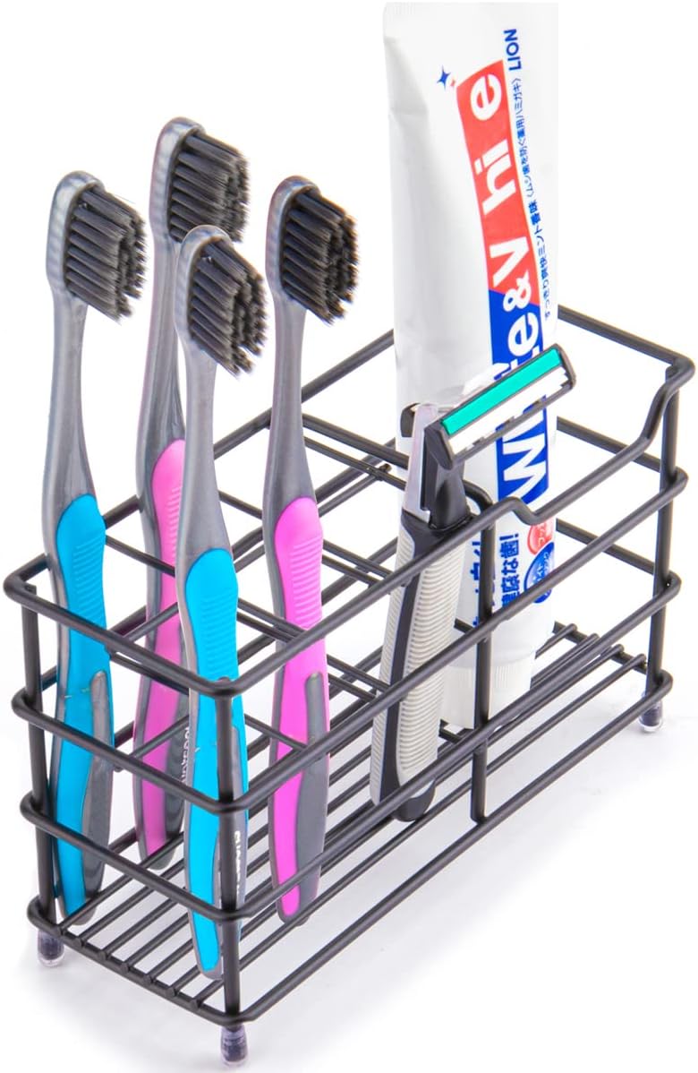 Wbbog Stainless Steel Toothbrush and Toothpaste Holder for Bathroom – 7-Slot Black Organizer, Space-Saving Hygienic Storage with Modern Design for Countertop - Image 1